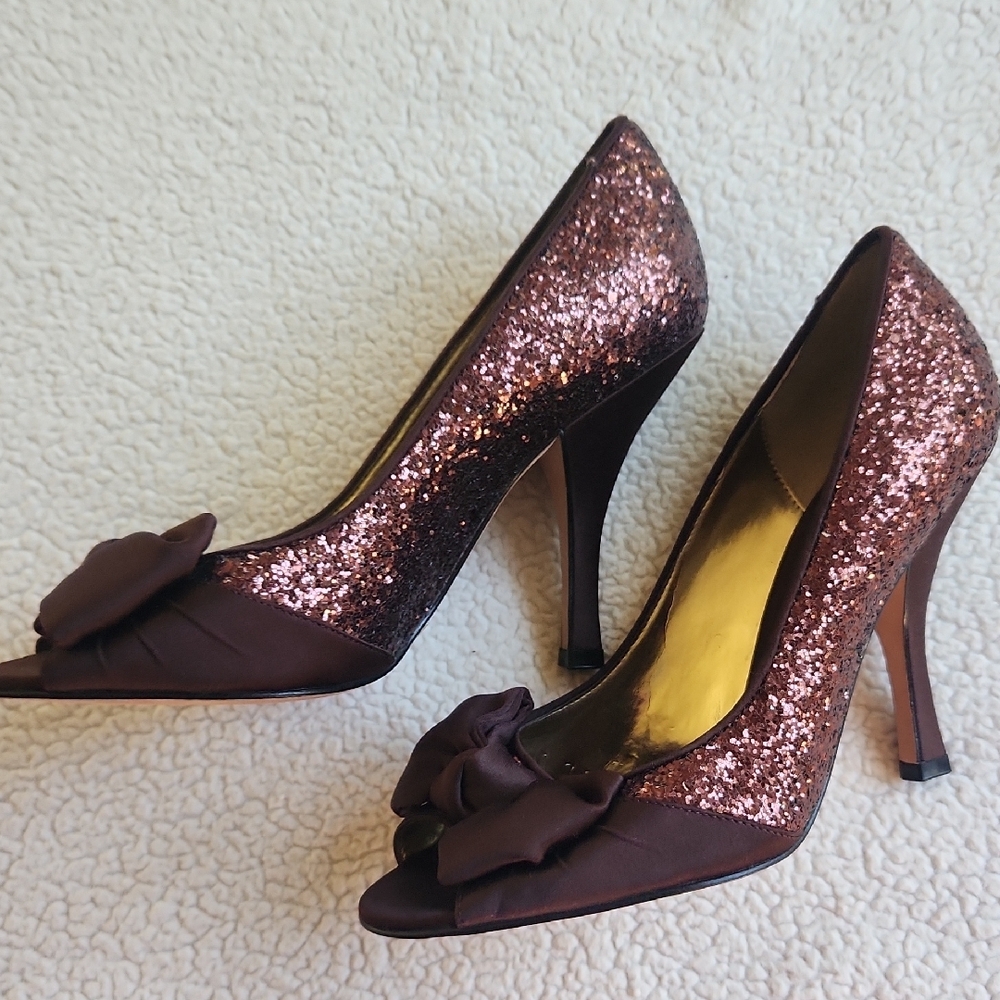 Nina Women's Sparkling Peep-Toe Heels with Satin Accent - Brown